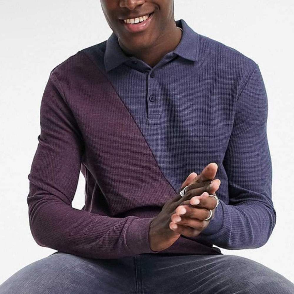 ASOS DESIGN long sleeve polo shirt in burgundy color block